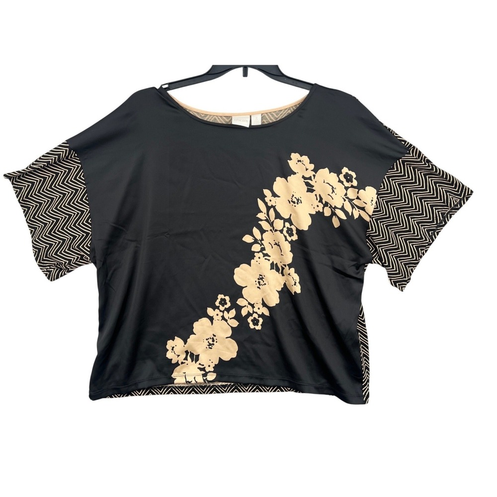 Chicos Womens Black Tan Floral Chevron Short Sleeve Top Size XL Artsy Boho Boxy